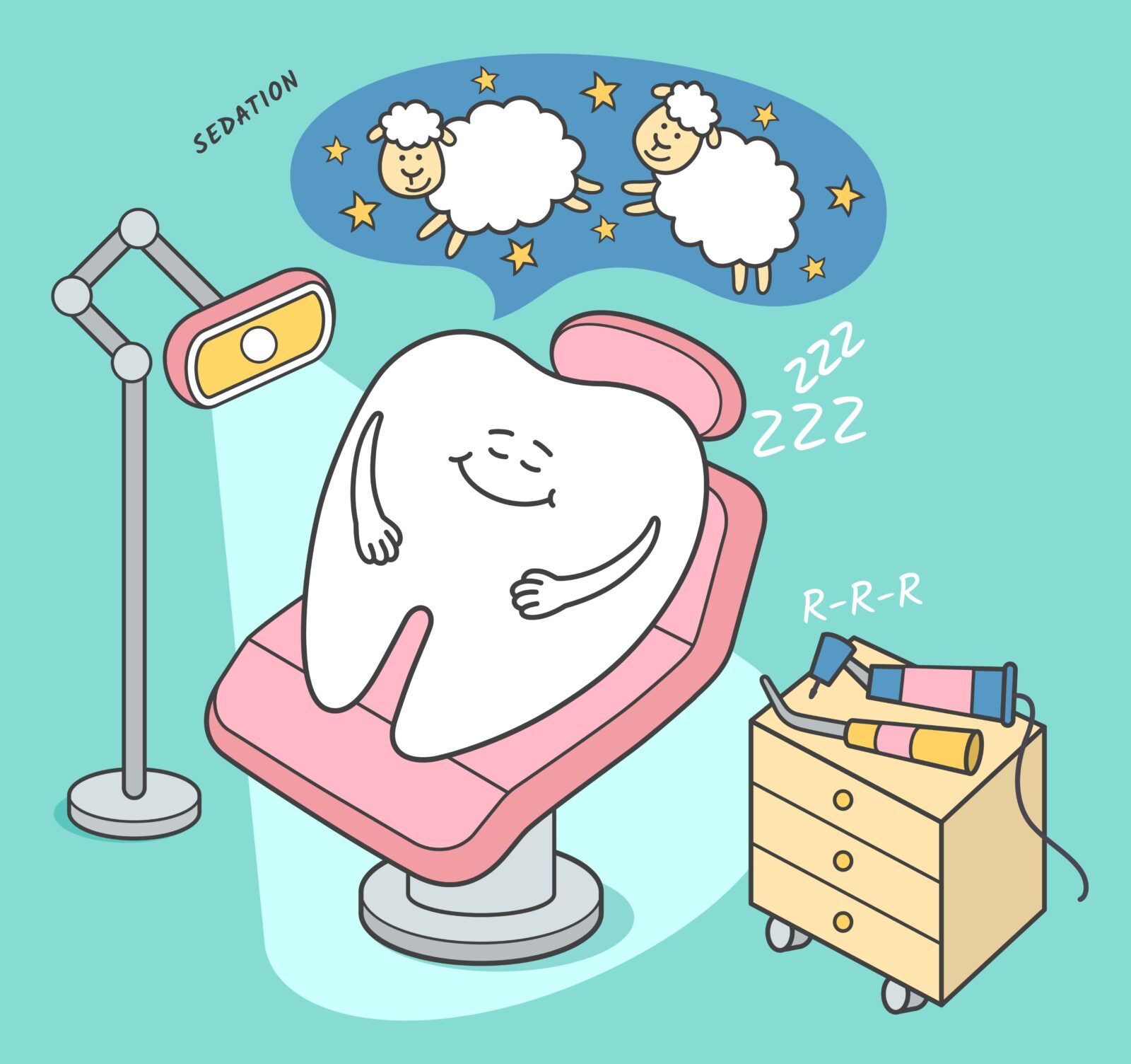 cartoon of a tooth sleeping in dental chair